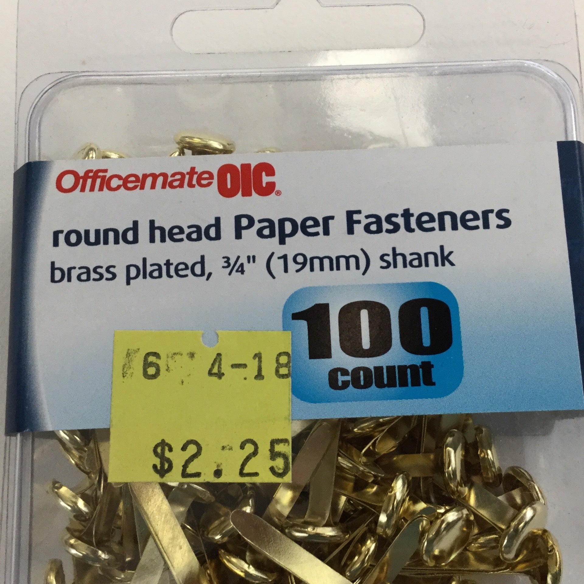 OIC Brass-Plated Round Head Paper Fasteners, 2, Brass, Box Of 100